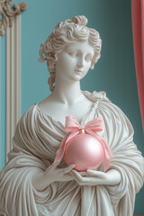 White marble statue holding a pink Christmas ornament with a pink bow in a vintage interior.