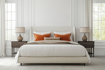 Fototapeta premium Front view of a modern bedroom with white walls, a large bed centered in the room, beige and orange pillows on it, two nightstands on either side, ,generative ai