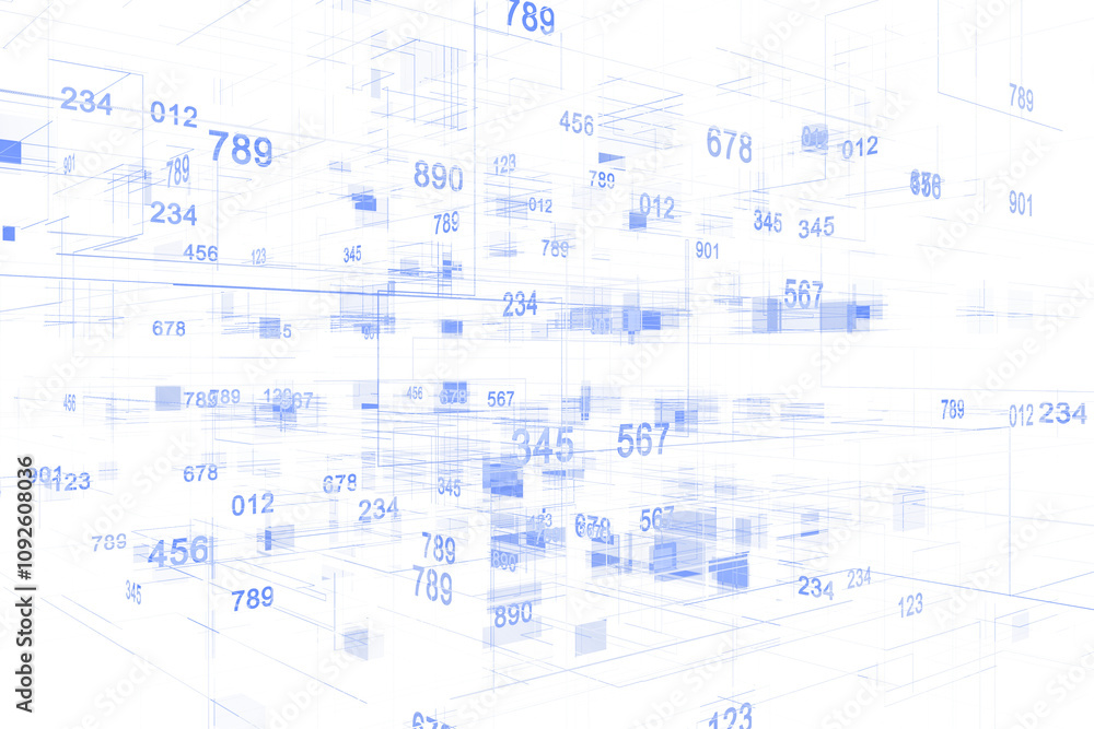 Poster Abstract blue numbers and geometric structures floating in 3D space on a white background, representing data, technology, and digital information