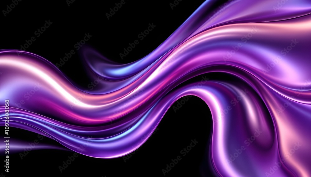 Fototapete Abstract fluid 3D render with a black background and holographic, iridescent neon curved wave in motion. Abstract fluid iridescent holographic curved wave in motion colorful gradient design