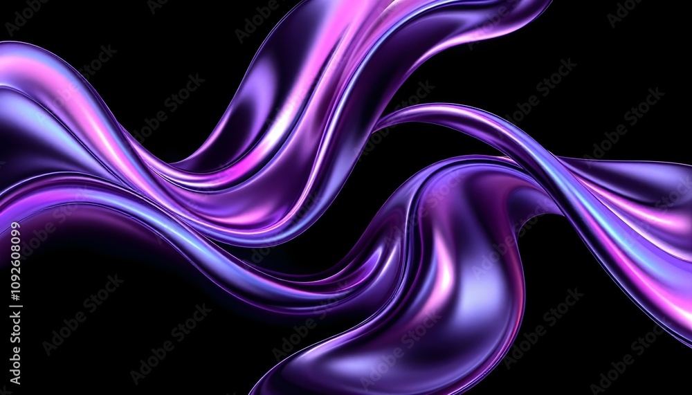 Leinwandbilder Abstract fluid 3D render with a black background and holographic, iridescent neon curved wave in motion. Abstract fluid iridescent holographic curved wave in motion colorful gradient design