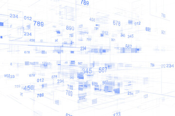 Abstract blue numbers and geometric structures floating in 3D space on a white background, representing data, technology, and digital information