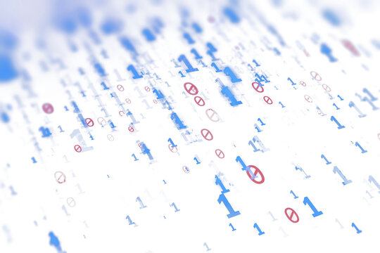 Abstract binary stream of blue ones and zeros with red error symbols scattered, white background. Concept of data flow and digital errors