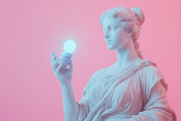 Greek goddess sculpture holding glowing LED bulb in neon light. Conceptual representation of innovation, creativity and new ideas.