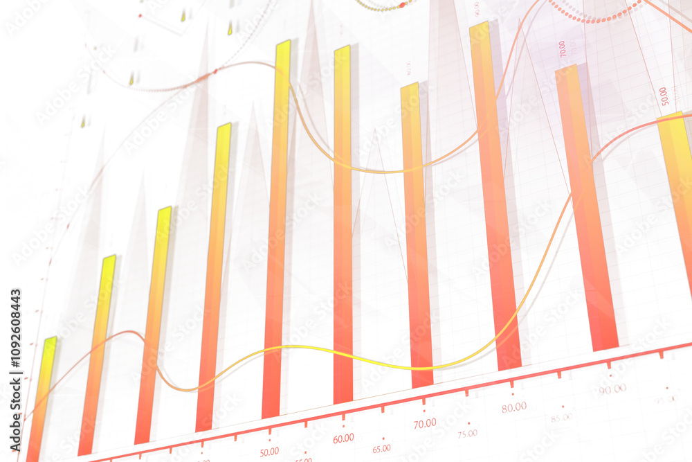 Poster illustration of bright bar and line charts with yellow and red hues against a white background. repr