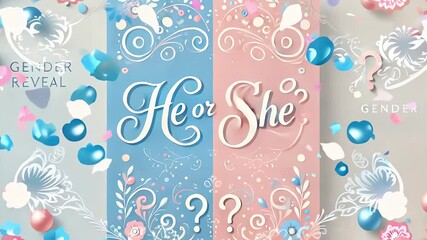 Blue and pink elements with playful question marks for a gender reveal theme