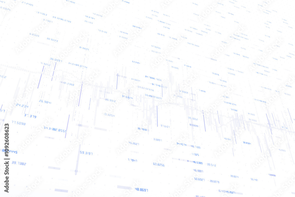 Fototapete Abstract data visualization with blue numerical values and graphs displayed on a white background, representing modern technology and analytics concepts