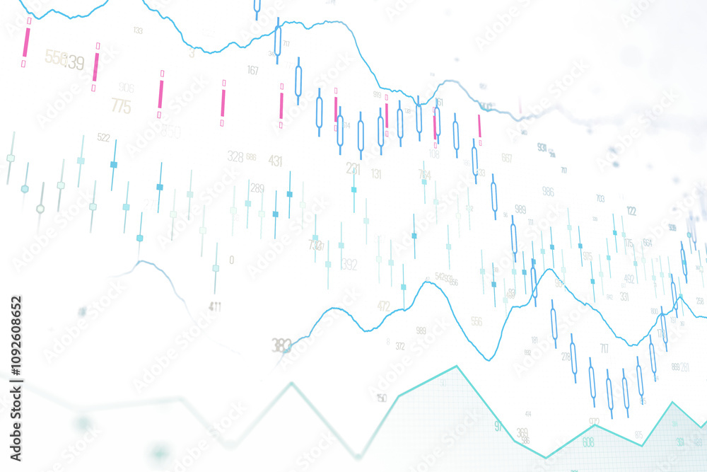 Poster Abstract forex chart featuring candlestick and line graphs in blue and pink on a white background. Concept of stock market and exchange