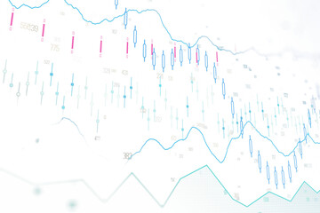 Abstract forex chart featuring candlestick and line graphs in blue and pink on a white background. Concept of stock market and exchange