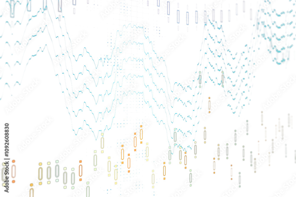 Poster Abstract financial chart with colorful line graphs and candlestick patterns on a white background. Modern design for stock market analysis concept