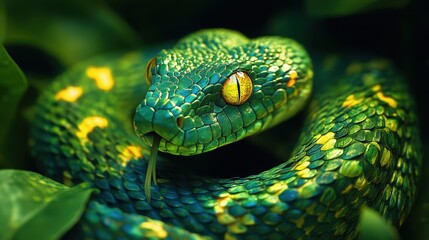 Fototapeta premium Close-up of a vibrant green snake resting among lush foliage, showcasing its unique scales and piercing eyes in nature.