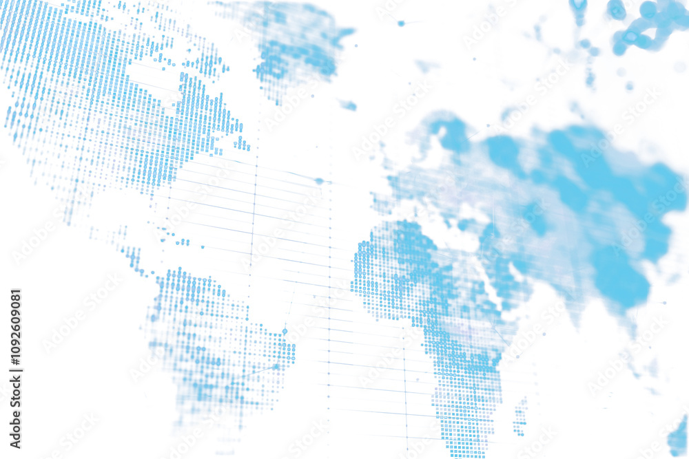 Poster abstract digital world map in blue pixelated style, displayed on a white background with a soft focu