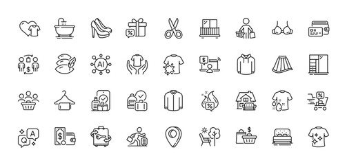 Bra, Skirt and Clean t-shirt line icons pack. AI, Question and Answer, Map pin icons. Wallet money, Shoes, Hoody web icon. Buyer, Cut, Wallet pictogram. Travel delay, Buyers, Hot offer. Vector