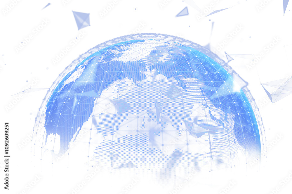 Poster abstract digital globe with blue geometric network connections on white background, symbolizing glob