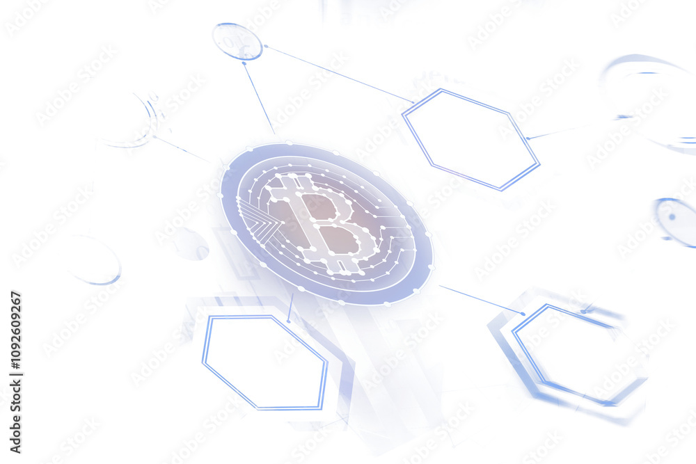Aufkleber Abstract Bitcoin logo with blockchain connections in a futuristic design, displayed on a bright white background, symbolizing cryptocurrency concepts