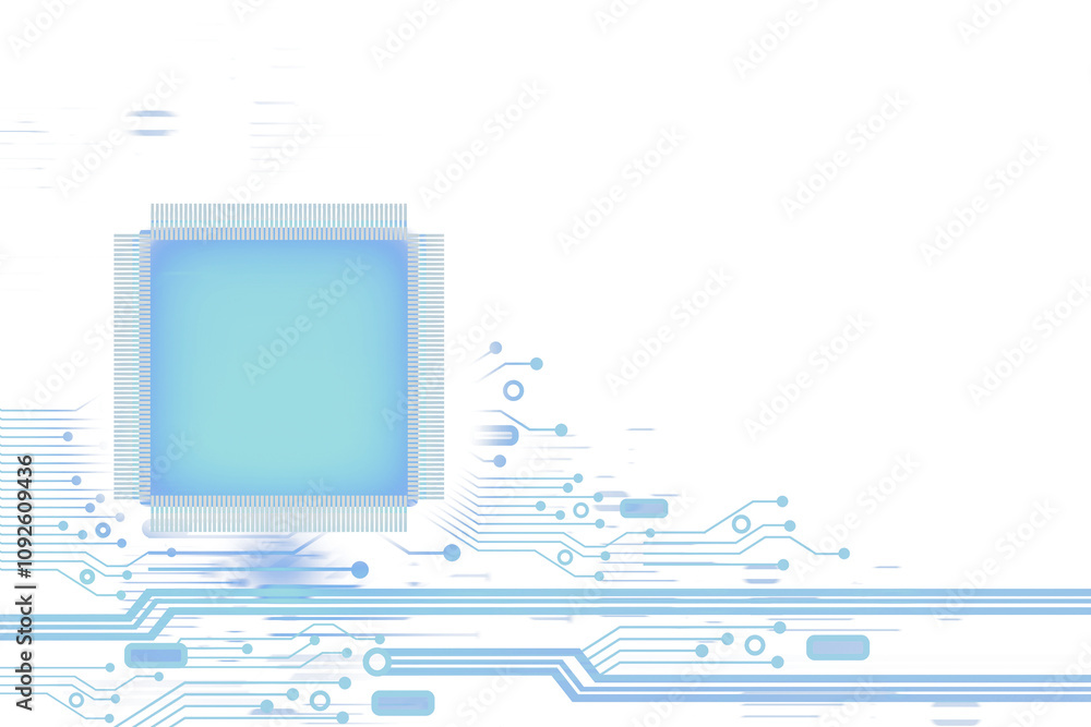 Poster Closeup of a microchip with blue circuit patterns extending outward, minimalistic style, on a white background, concept of technology and data
