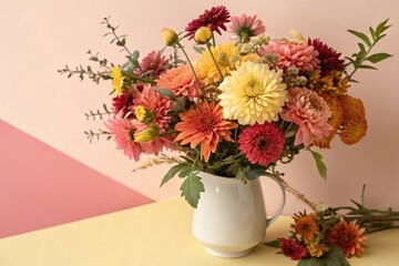 Obraz premium Vibrant autumnal flowers in a vase on a soft yellow and pale pink background, warm lighting, autumn floral arrangement