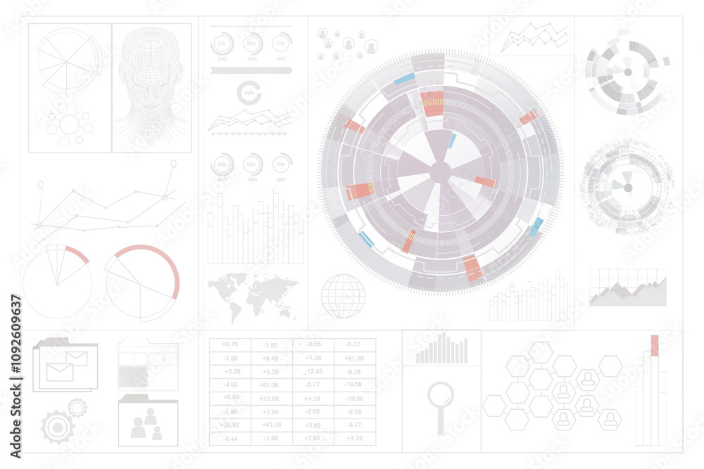 Poster various infographic elements, including pie charts, line graphs, bar graphs, and circular diagrams, 