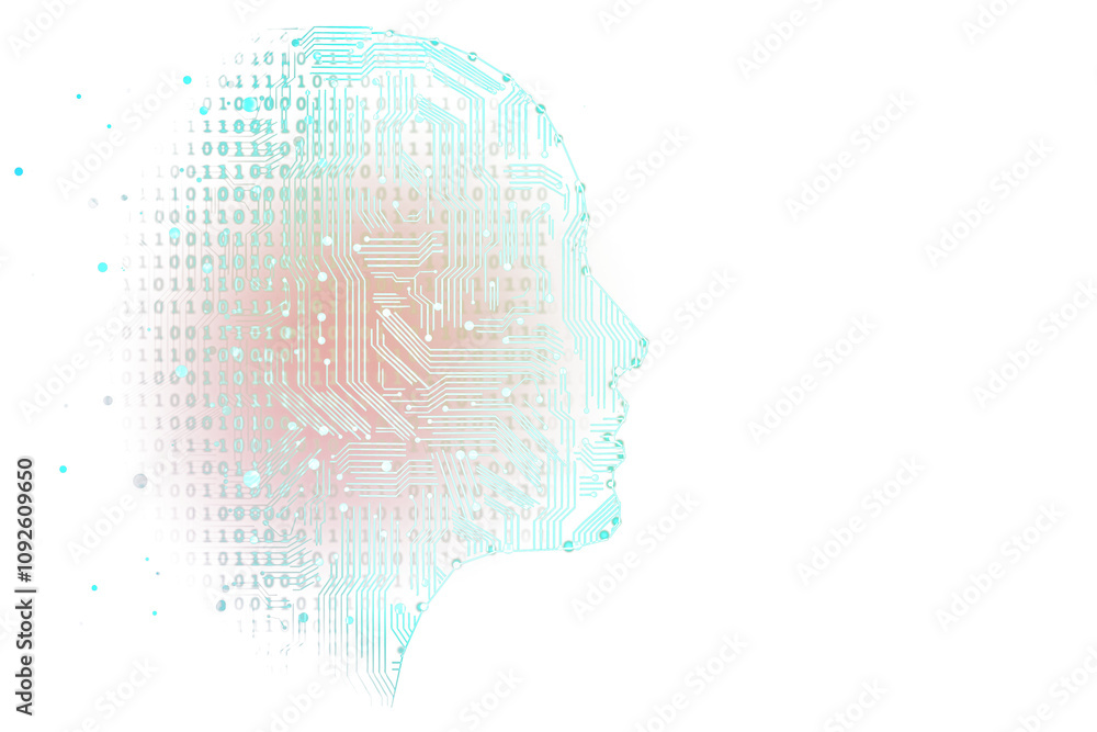Aufkleber Abstract human profile with a circuit board pattern and binary code, combining technology and mind concepts, on a clean white background
