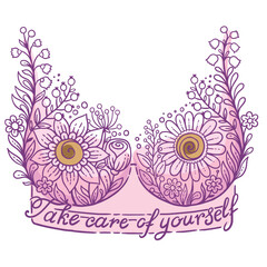 Hand drawn vector illustration. Floral lace bra and text breast cancer awareness month. Banner background, medical symbol in October