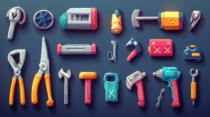 Obraz premium High-detail 3D vector cartoon icons of a set of tools: planer, saw, pliers, screwdriver, vise, drill, hammer, and adjustable wrench, bright design