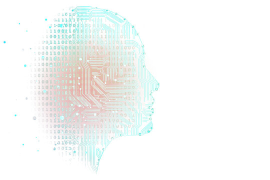 Abstract human profile with a circuit board pattern and binary code, combining technology and mind concepts, on a clean white background