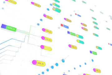 Abstract diagram with colorful nodes and connections, arranged systematically on a white background, symbolizing data flow and tech systems