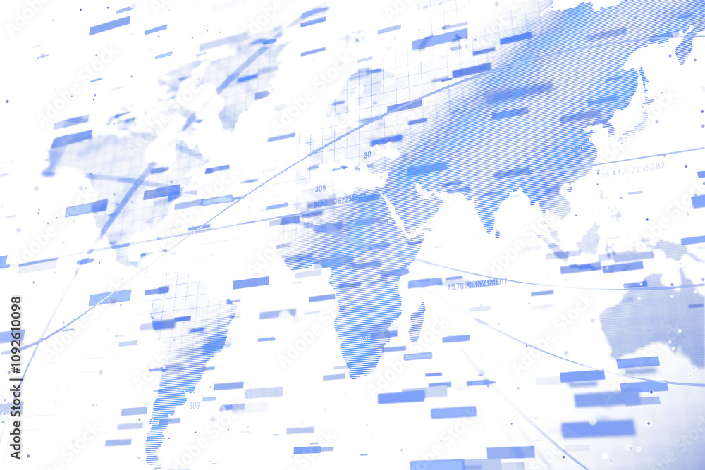Poster abstract digital world map with blue data points, gridlines, and geometric shapes on a white backgro