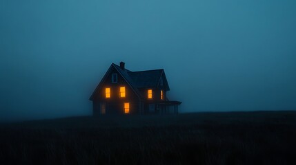 Illuminated farmhouse silhouetted against a misty, twilight sky.