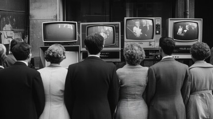 A group of people watch television sets in a shop window.