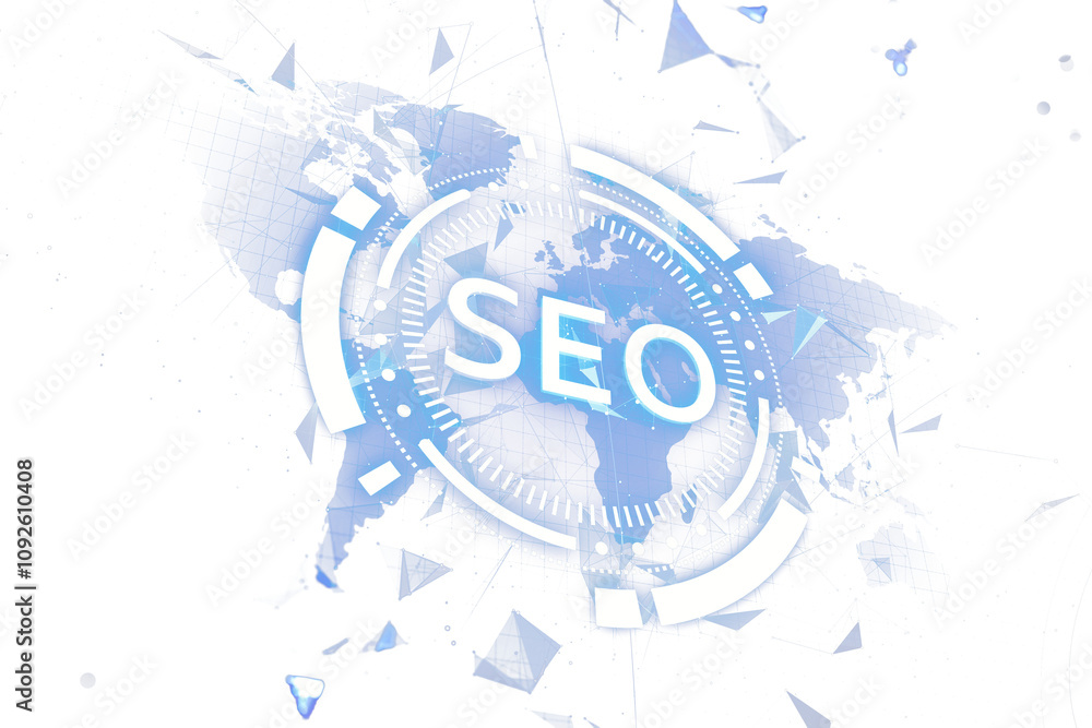 Poster seo concept with white circular tech design, blue world map, geometric shapes on white background. s