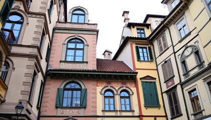 Fototapeta premium An elegant Florentine townhouse wallpaper showcasing arched windows, terracotta tiles, and intricate frescoes, set against the backdrop of the historic streets of Florence.