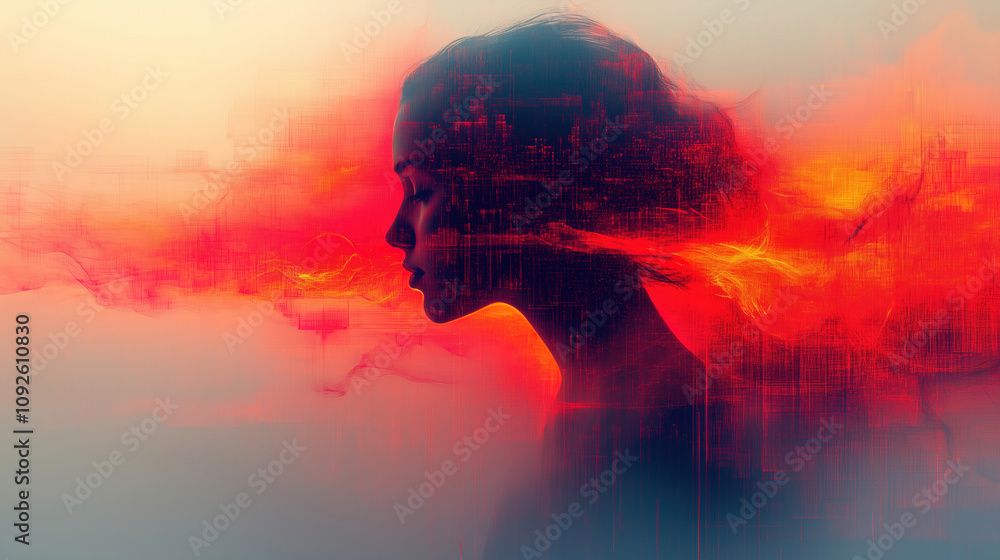 Poster woman in profile with ethereal colors and abstract design representing emotion and creativity at daw