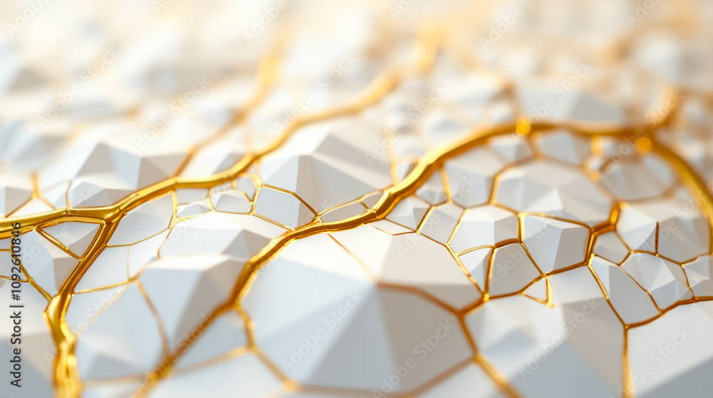Poster textured surface features numerous small gold facets in a complex arrangement, creating an elegant v