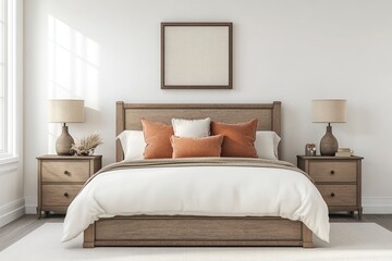 Front view of a modern bedroom with white walls, a large bed centered in the room, beige and orange pillows on it, two nightstands on either side, ,generative ai