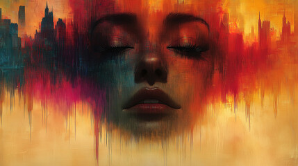 Abstract art depicting a serene face blending with a vibrant city skyline in warm hues during sunset. Generative AI