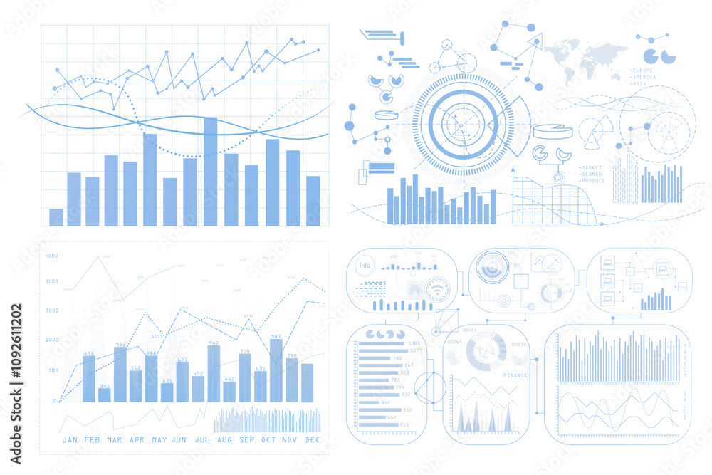 Poster collection of financial charts, graphs, and data visualizations in blue, displayed on white backgrou