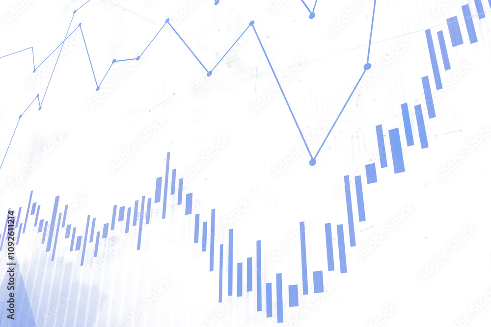 Poster stock market data visualization featuring blue line and bar graphs, minimalistic style, white backgr