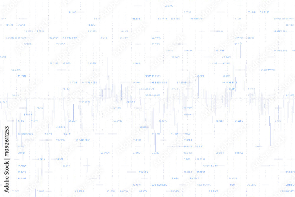 Poster Abstract digital data patterns with numeric values and linear elements on a white background. Represents technology, data, and analytics concepts