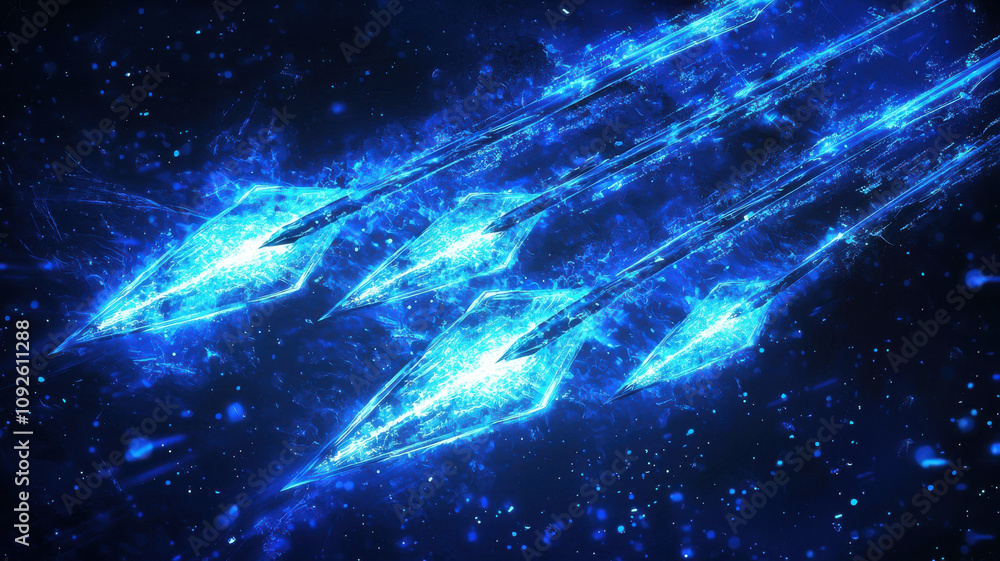 Poster radiant arrows with glowing speed and light effects create dynamic visual. vibrant blue hues and sha