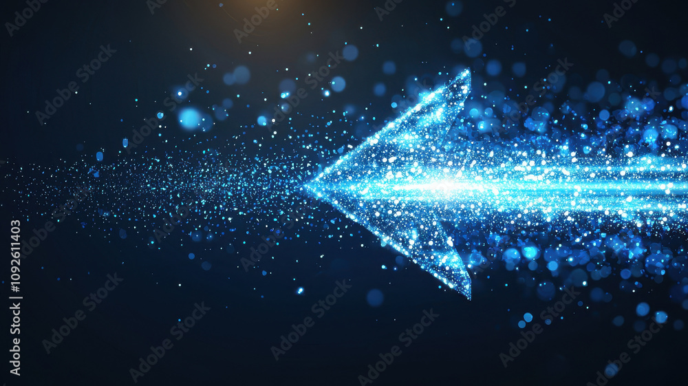 Poster glowing blue arrow design with sparkling particles and light effects, creating sense of movement and