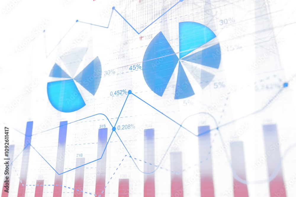 Poster Abstract image showing blue pie charts, bar graphs, and line graphs with numerical data overlays on a white background. Concept of data analysis