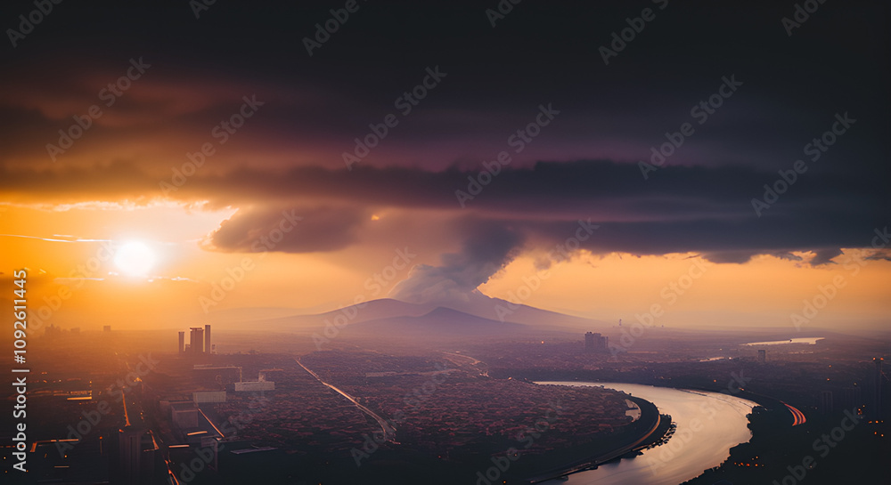 Poster city with a river running through it. the sun is setting and the sky is cloudy. there is a volcano i