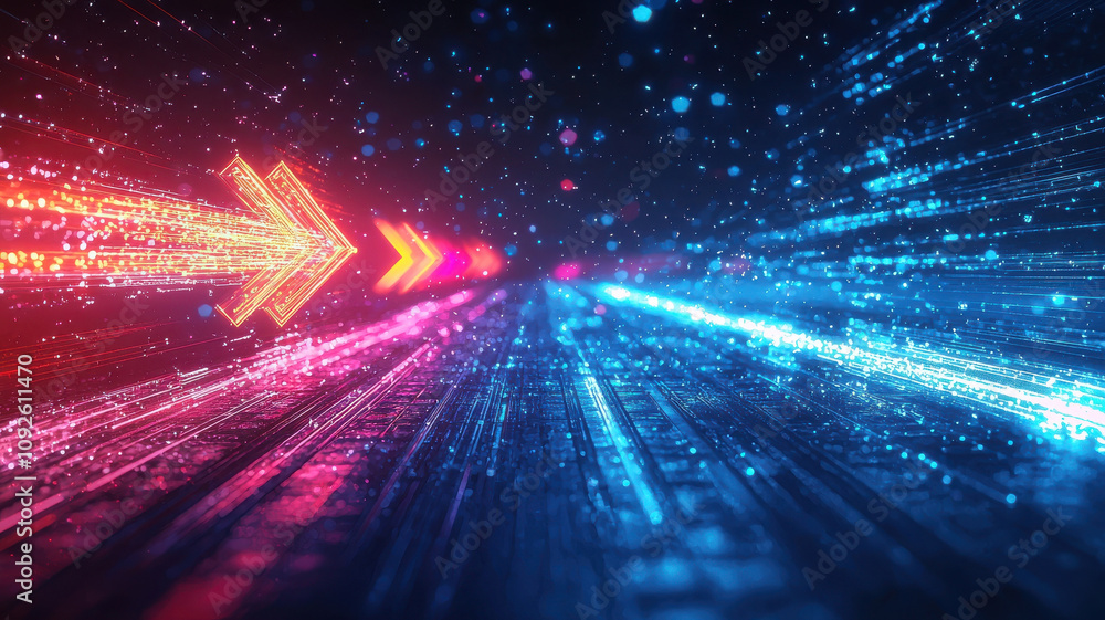 Poster glowing energy arrows in vibrant colors create dynamic abstract concept, symbolizing speed and direc