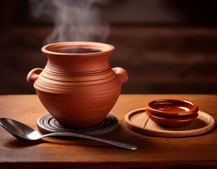 Una mesa de madera con un puchero con comida caliente  y un plato de barro