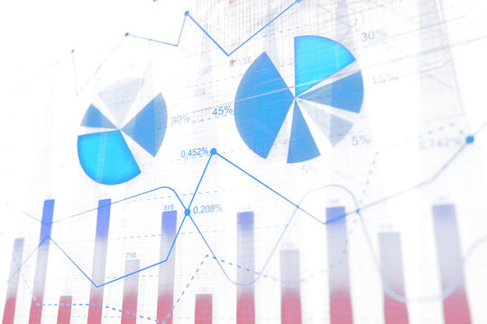 Abstract image showing blue pie charts, bar graphs, and line graphs with numerical data overlays on a white background. Concept of data analysis
