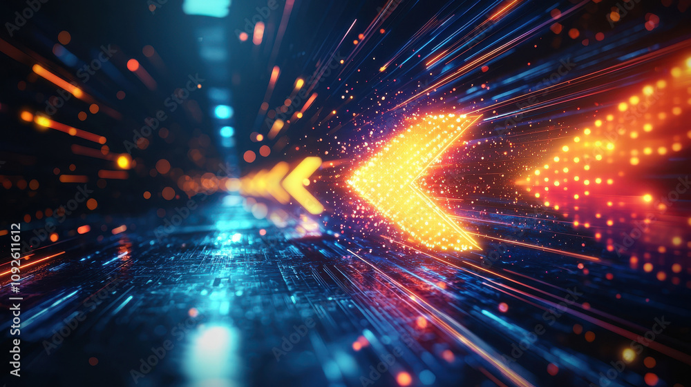 Poster abstract speed movement of glowing arrows creates dynamic visual effect, showcasing vibrant colors a