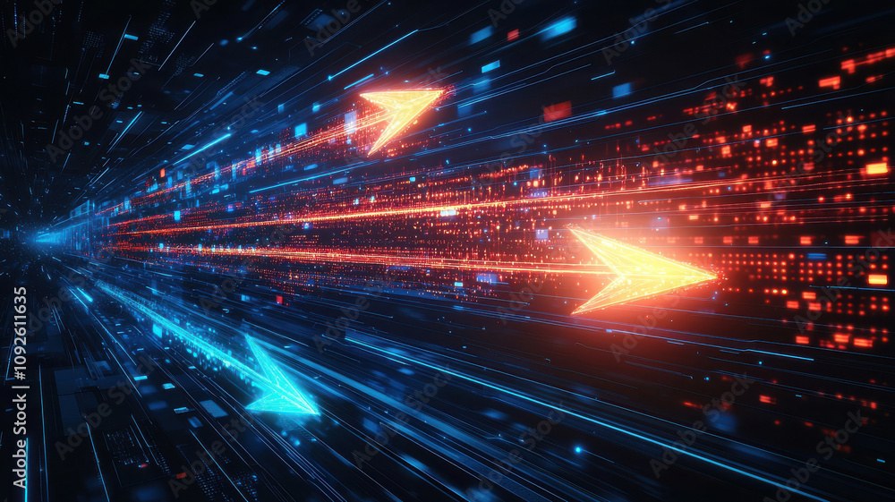 Poster dynamic arrows in vibrant colors create sense of speed and energy, showcasing abstract movement thro