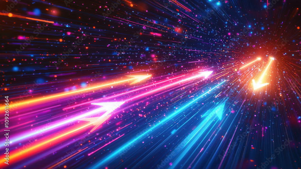 Poster bright glowing arrows in motion create dynamic visual effect, showcasing speed and energy. vibrant c