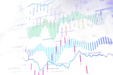 Obraz premium Colorful financial charts featuring candlestick patterns, data lines, and numerical values, displayed on a clean white background, symbolizing market analysis